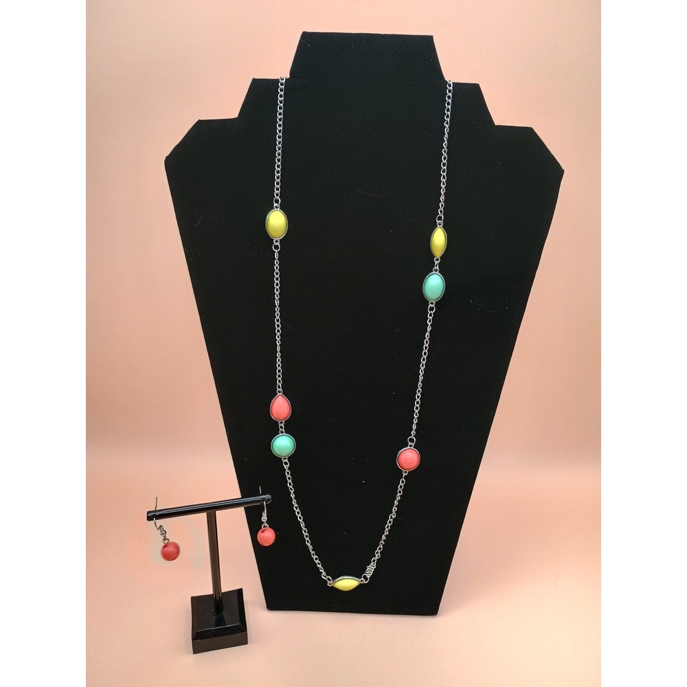 Multi Color Pastel Bead Long Station Necklace and Coral Drop Earring Set Silver